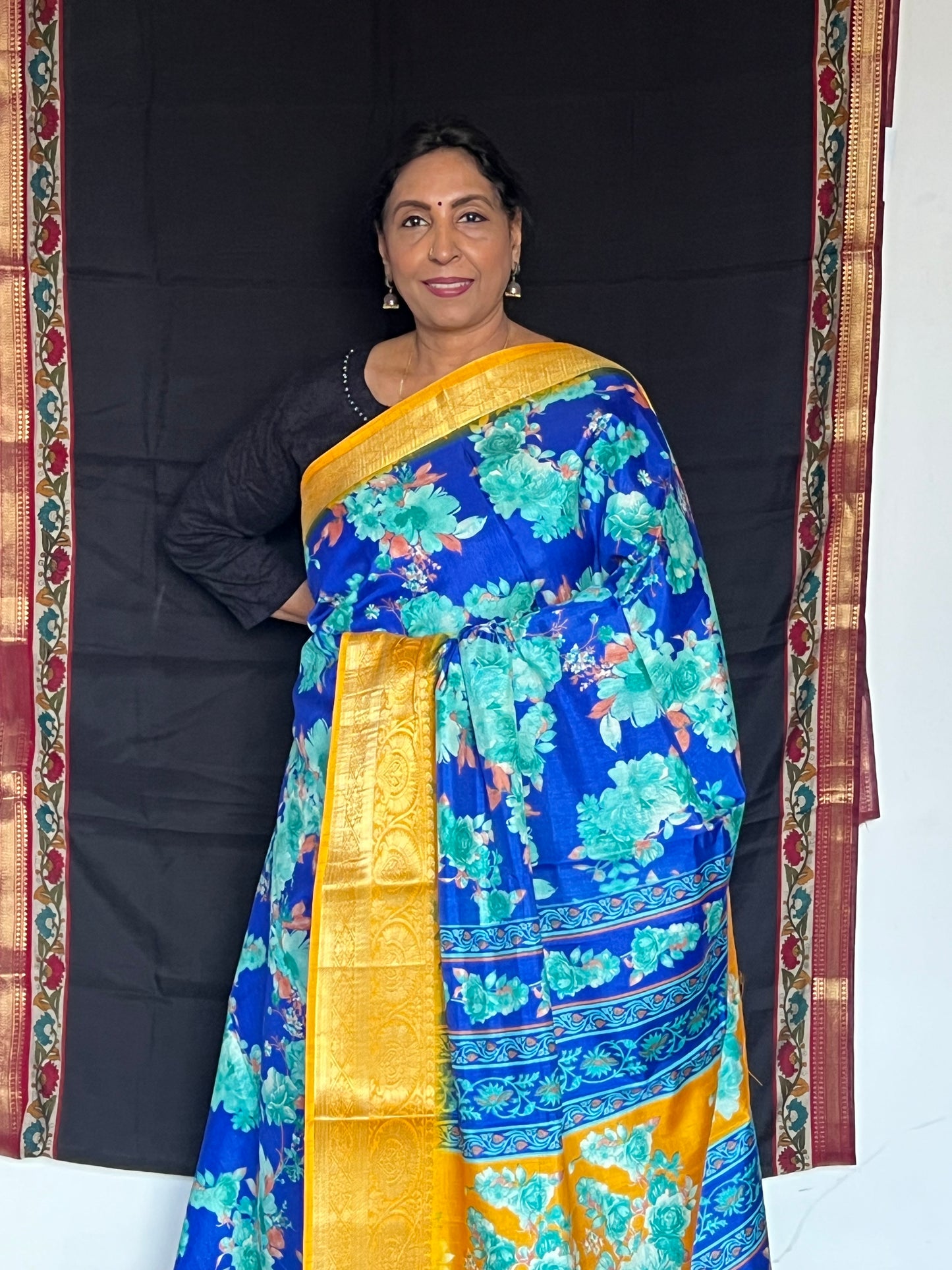 Blue semi printed crepe saree
