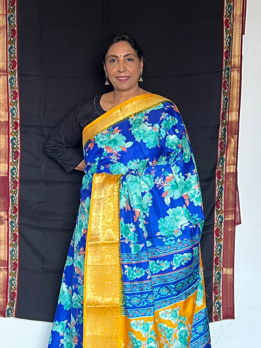 Blue semi printed crepe saree