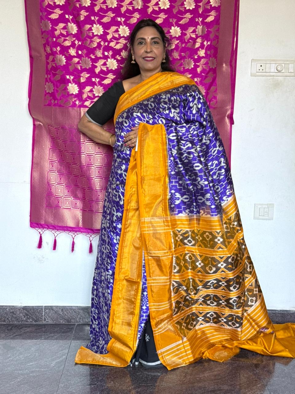 Ikat Silk Saree - Blue & Mustard