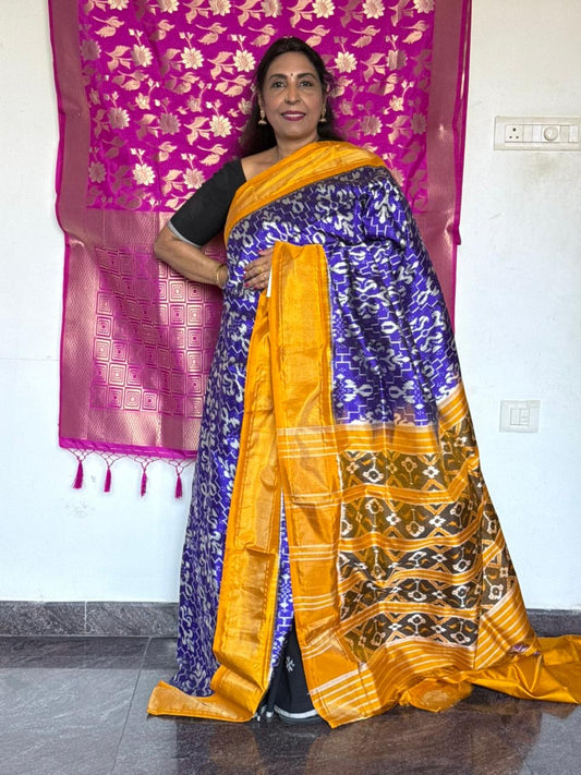 Ikat Silk Saree - Blue & Mustard