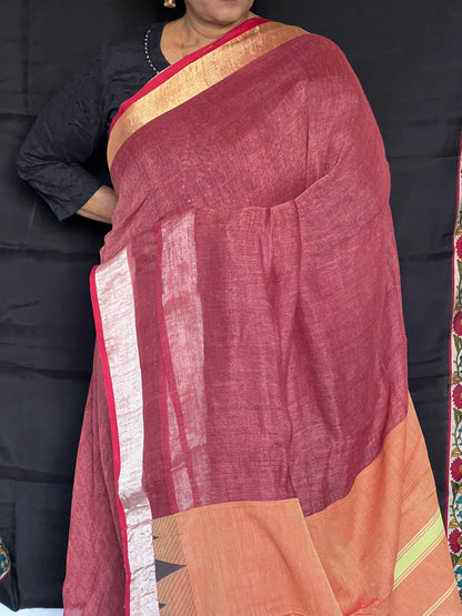 Brick red and green linen cotton saree