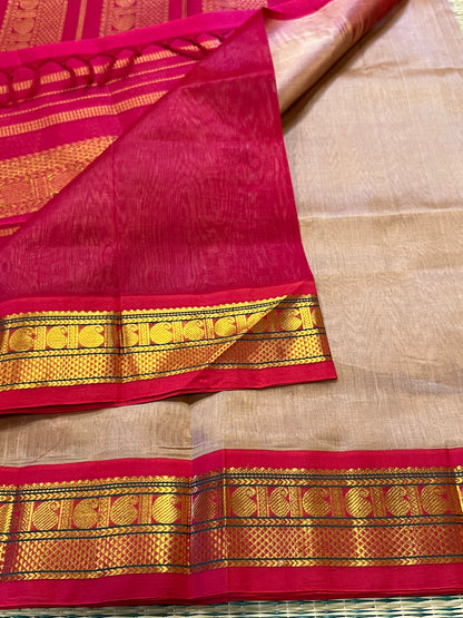 Beige & pink silk cotton saree