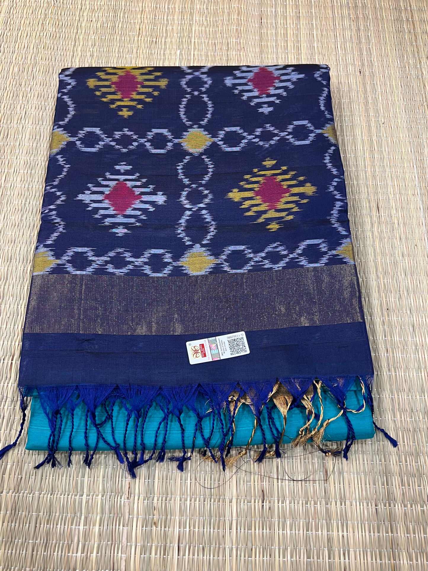 Turquoise blue raw silk saree