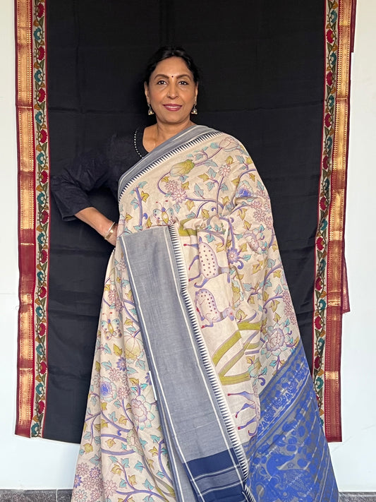 Beige Mangalagiri Block Printed Cotton Saree with Jungle Print