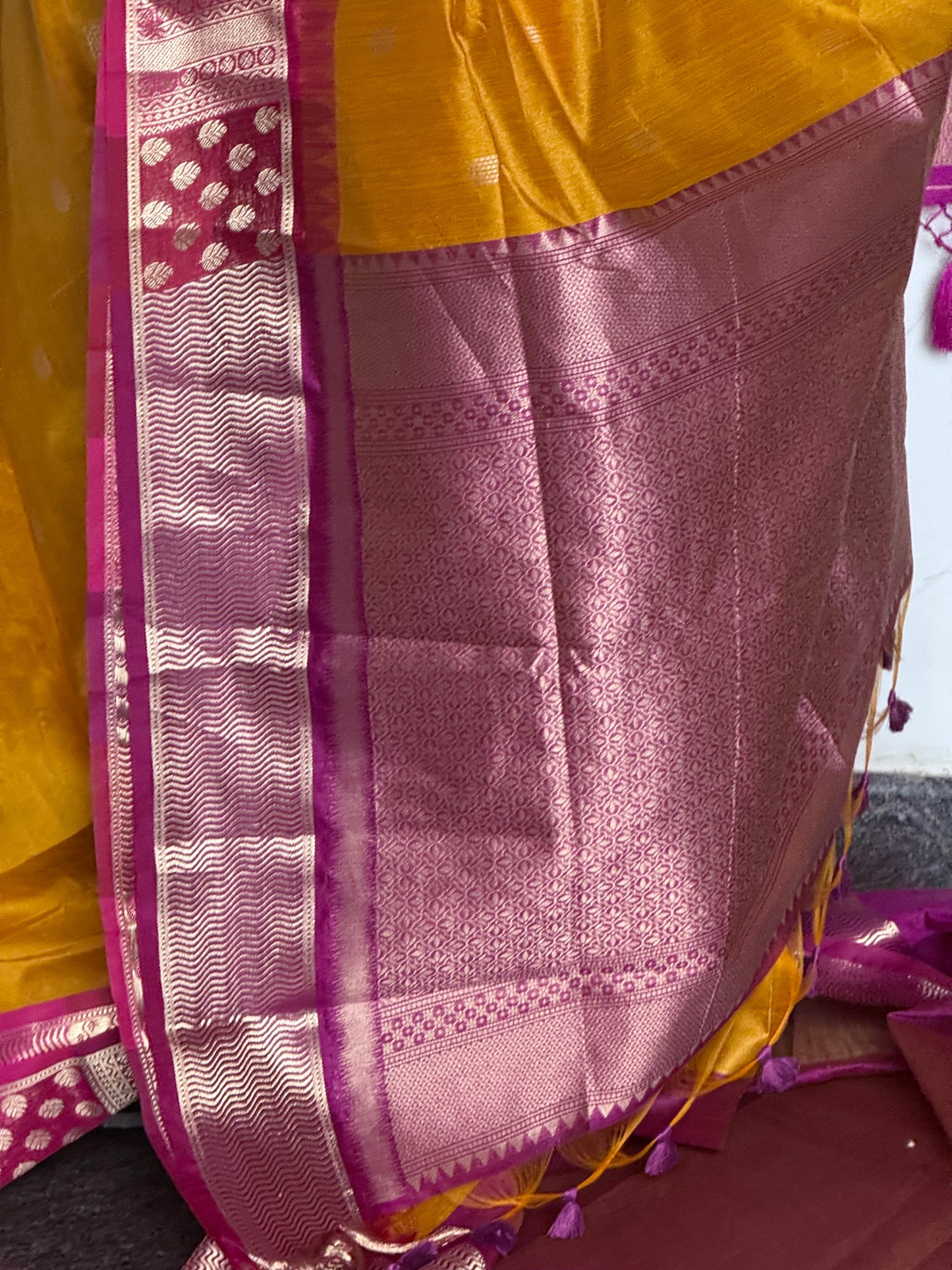 Yellow semi raw silk saree