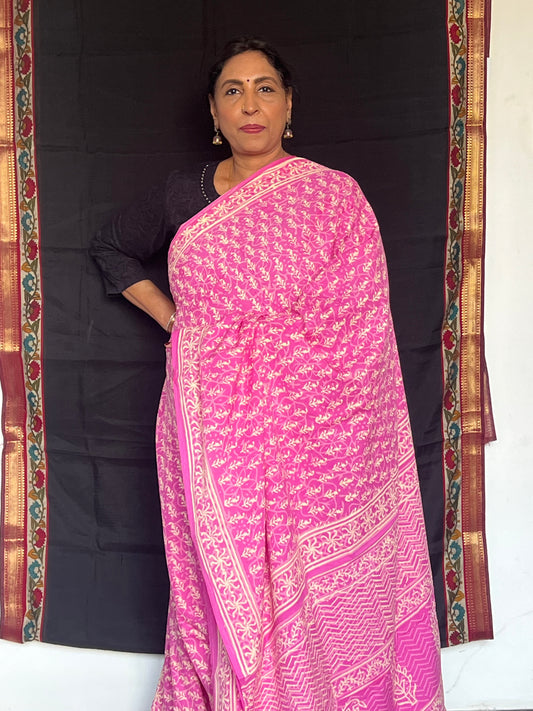 Rose pink Jaipur cotton saree