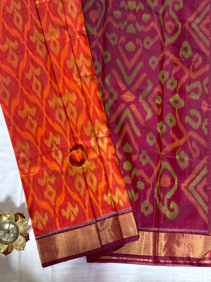 Ikat Silk Cotton - Orange and Red saree