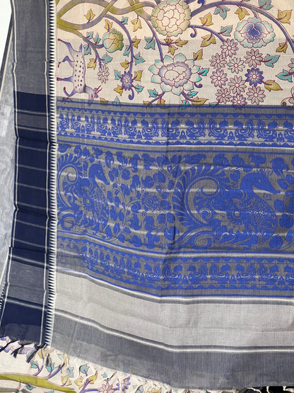 Beige Mangalagiri Block Printed Cotton Saree with Jungle Print