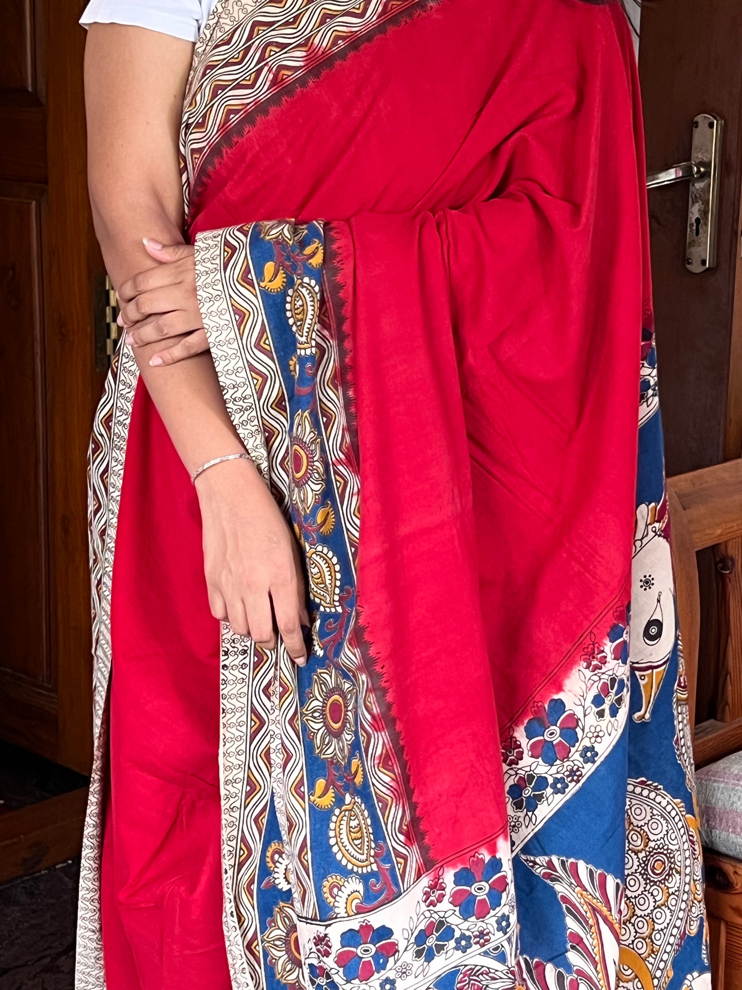 Red Kalamkari cotton saree