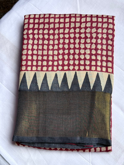 Printed Tussar saree - Maroon