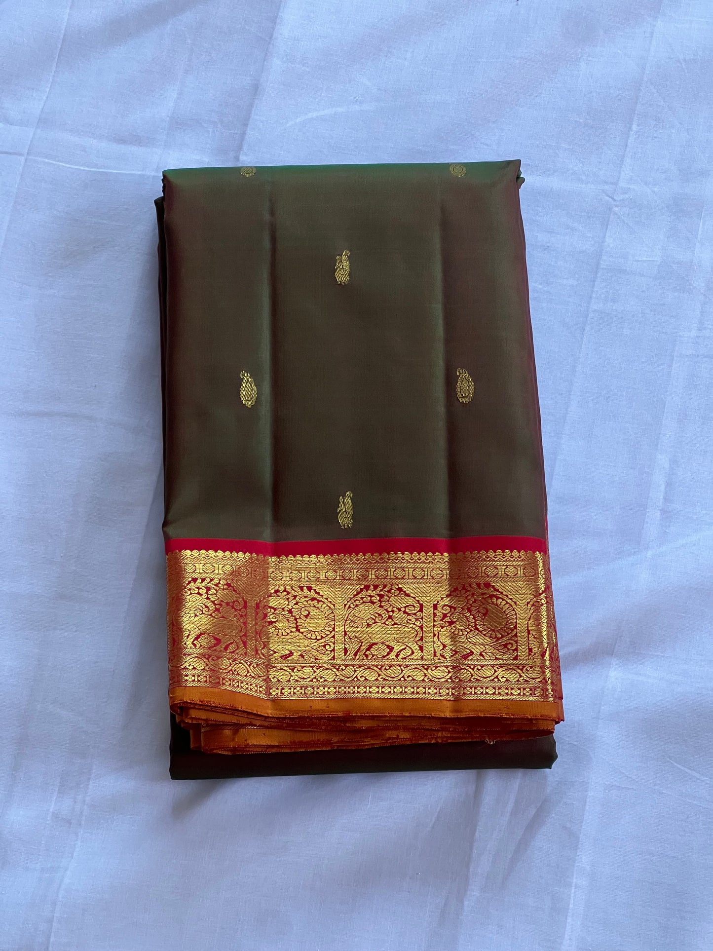 Emerald Brown Bridal Pure Kanchivaram Silk Saree