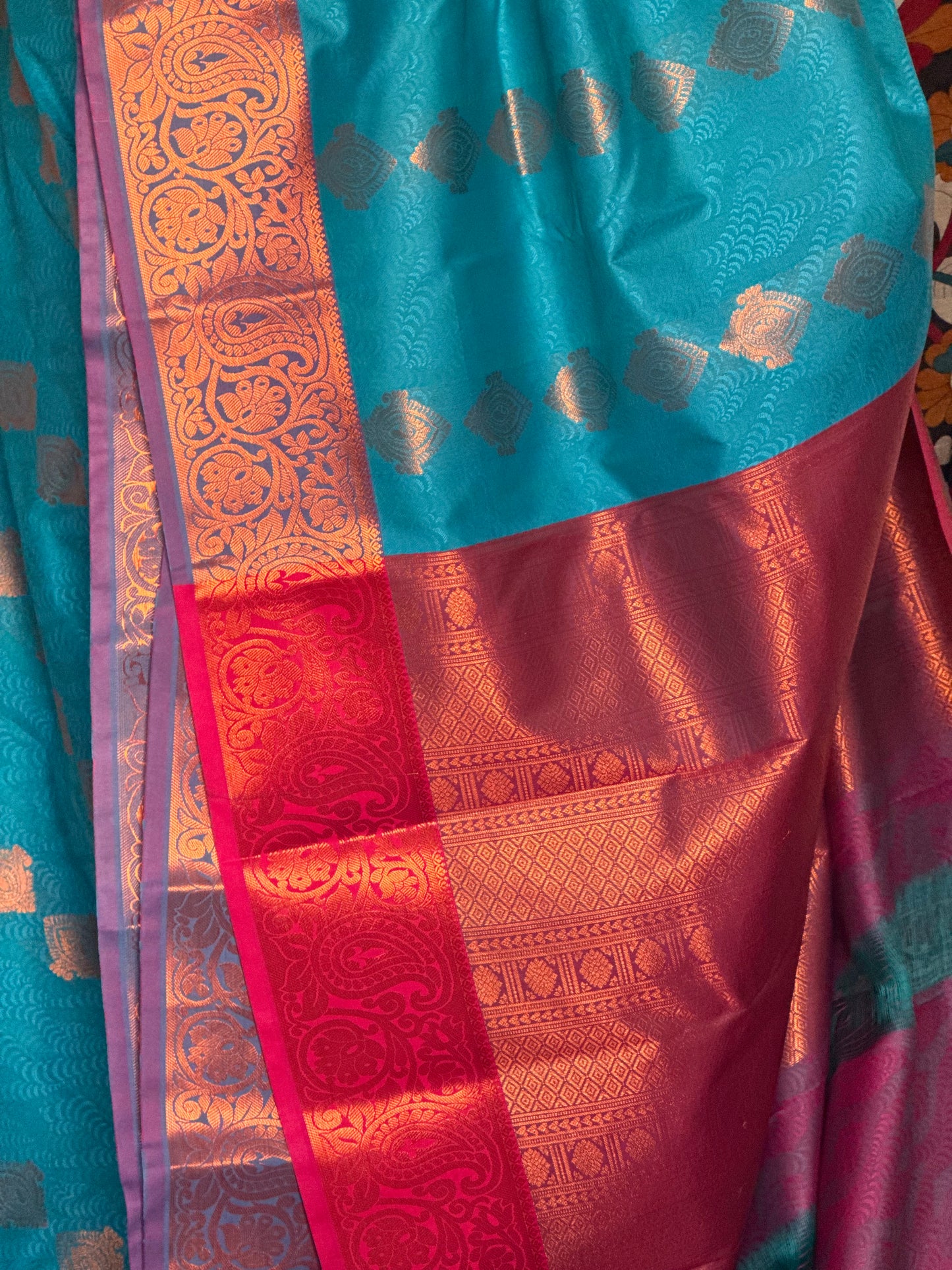 Blue & plum maroon semi silk