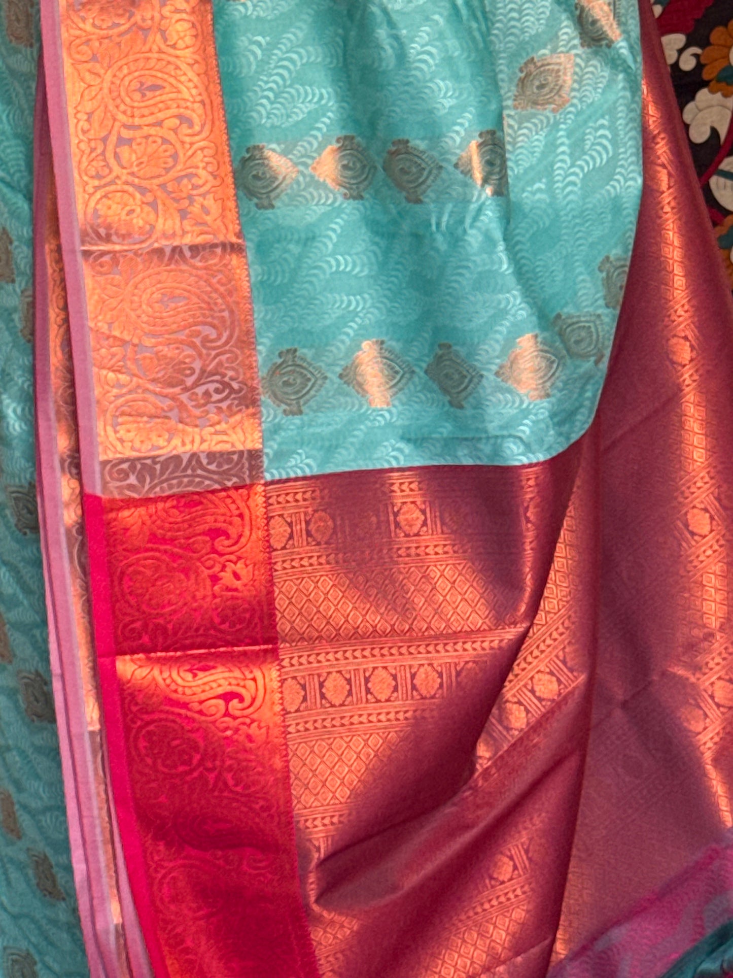 Aqua teal & red semi silk saree