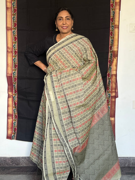 Beige checks Kanchivaram cotton saree