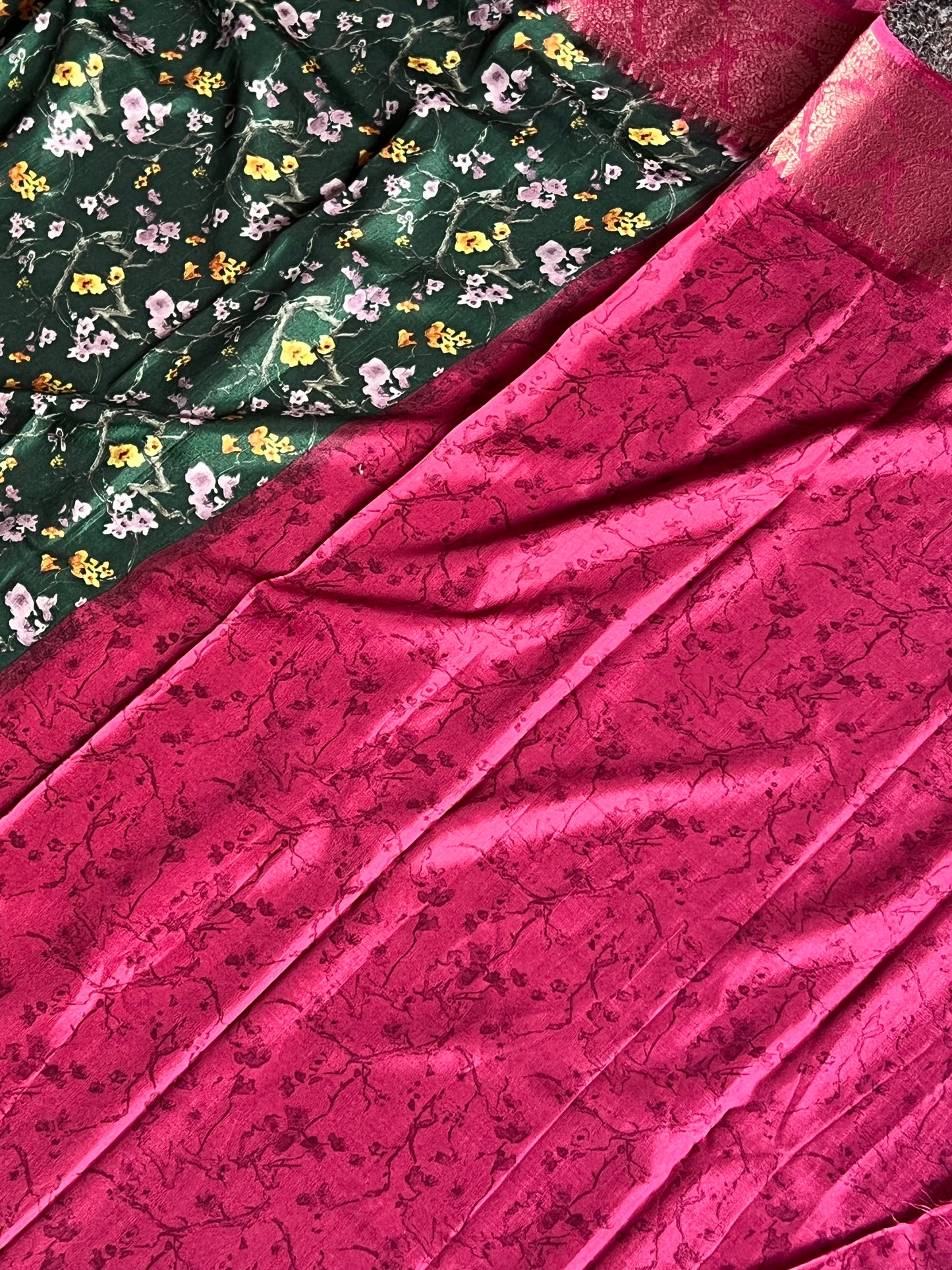 Dark green semi printed crepe saree