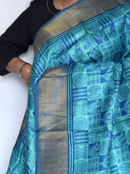 Printed Tussar saree - Blue