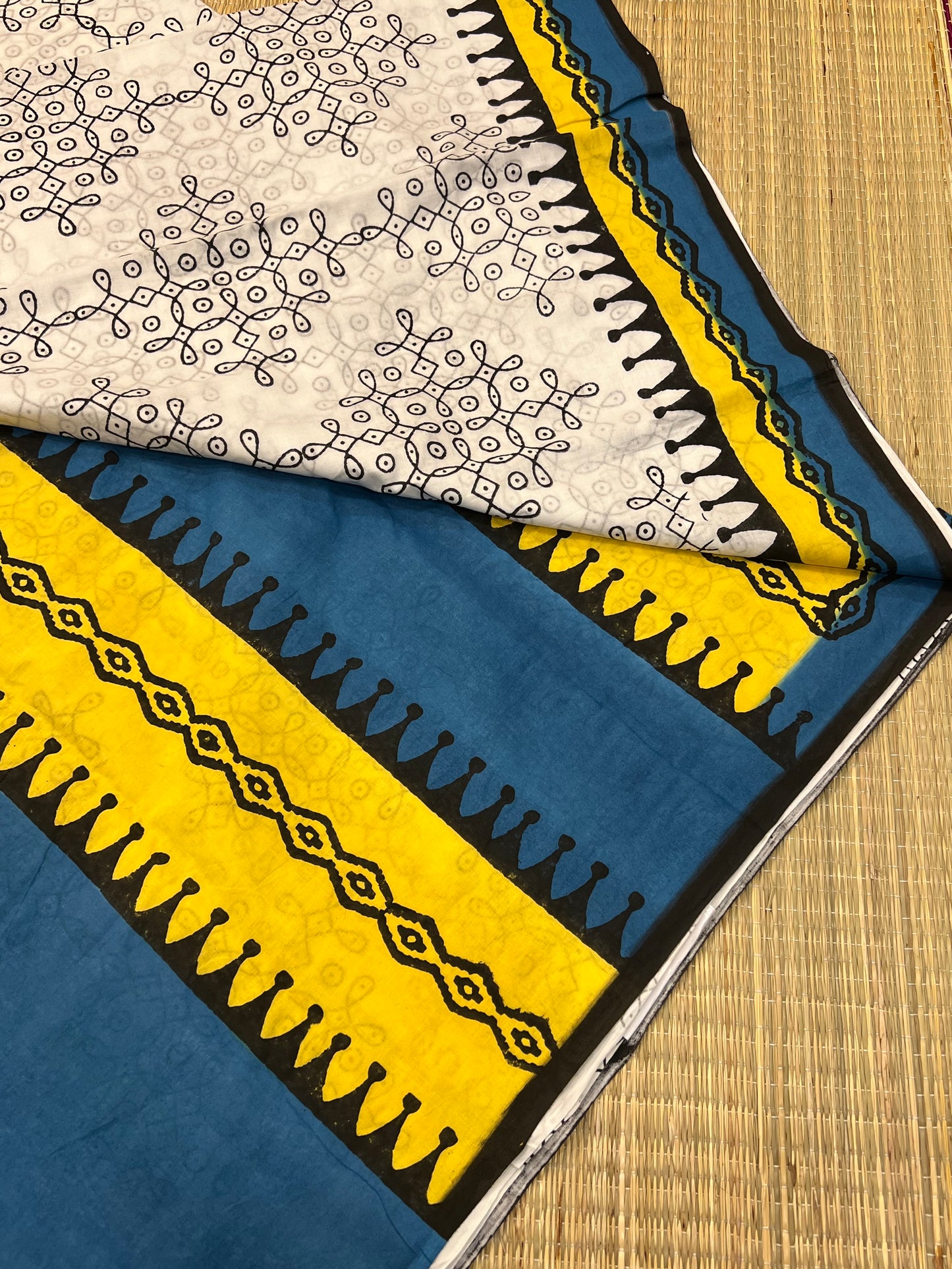 Yellow blue mul cotton saree