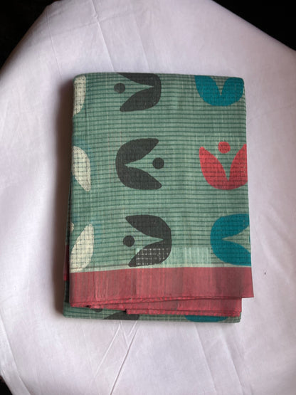 Teal mangalagiri block printed cotton saree