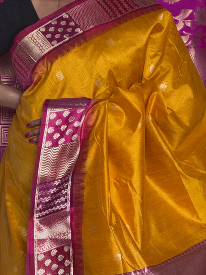 Yellow semi raw silk saree