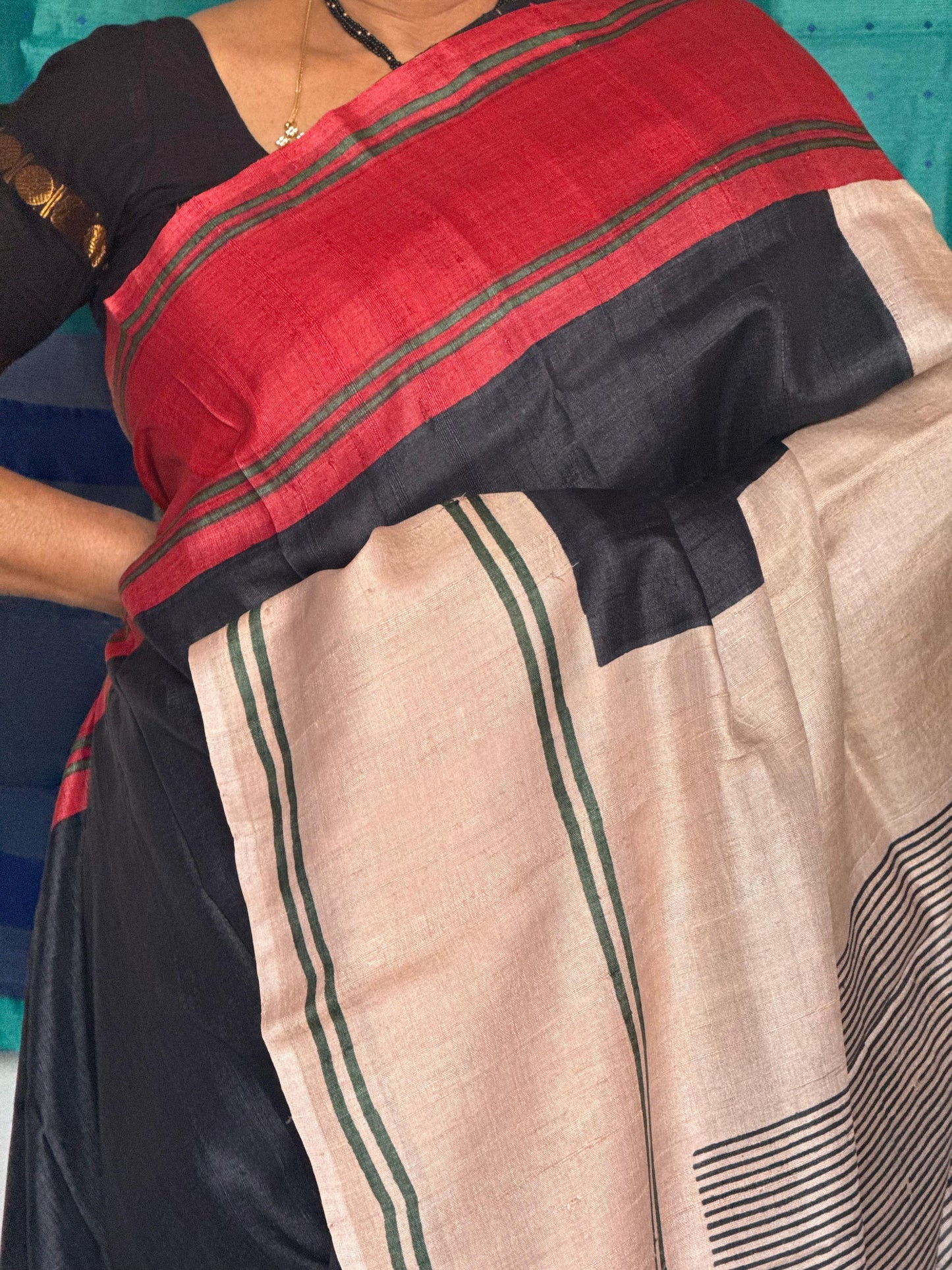 Monochrome & Red Geometric Tussar silk