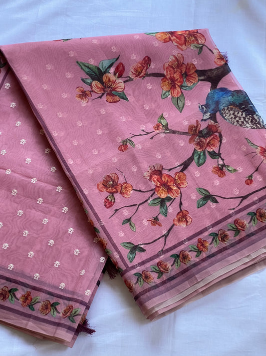 Pink organza silk saree