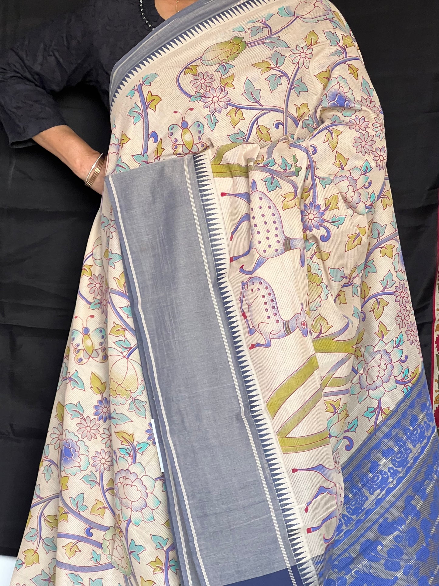 Beige Mangalagiri Block Printed Cotton Saree with Jungle Print