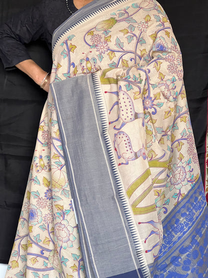 Beige Mangalagiri Block Printed Cotton Saree with Jungle Print