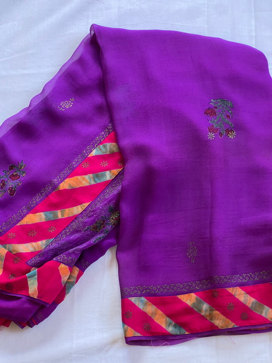 Purple block printed chiffon saree