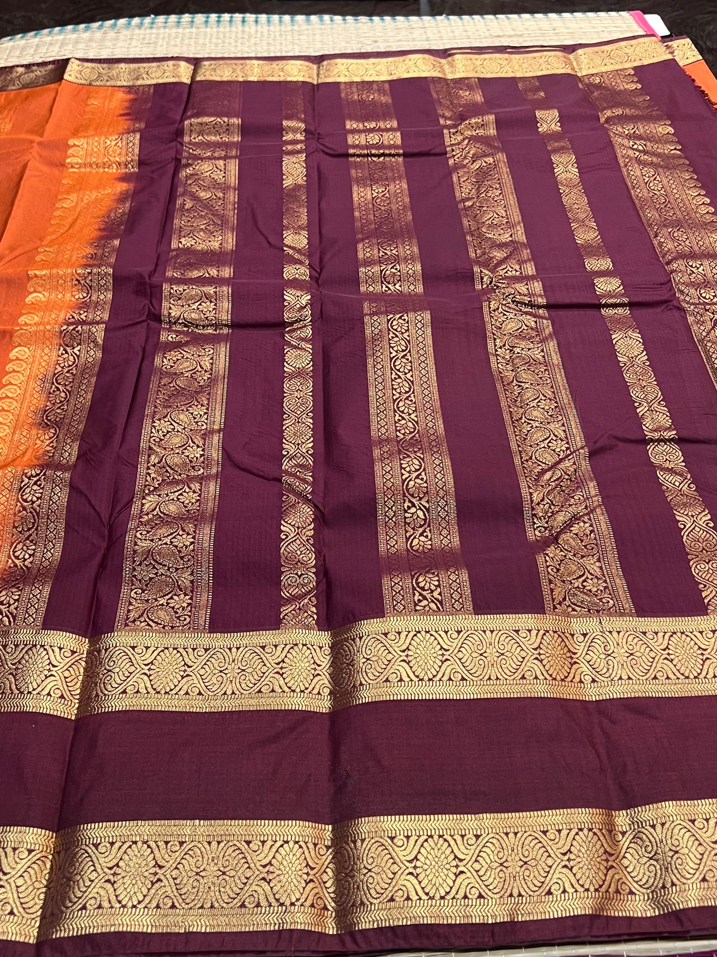 Rust Orange & brown semi silk saree
