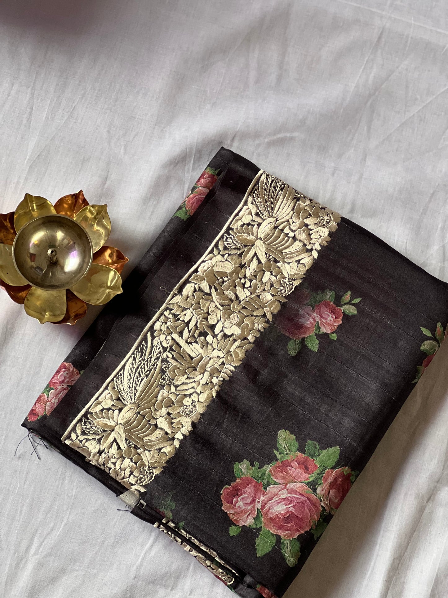Black semi tussar with embroidery border