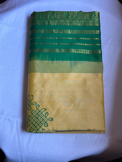 Yellow semi silk cotton saree with kolam print