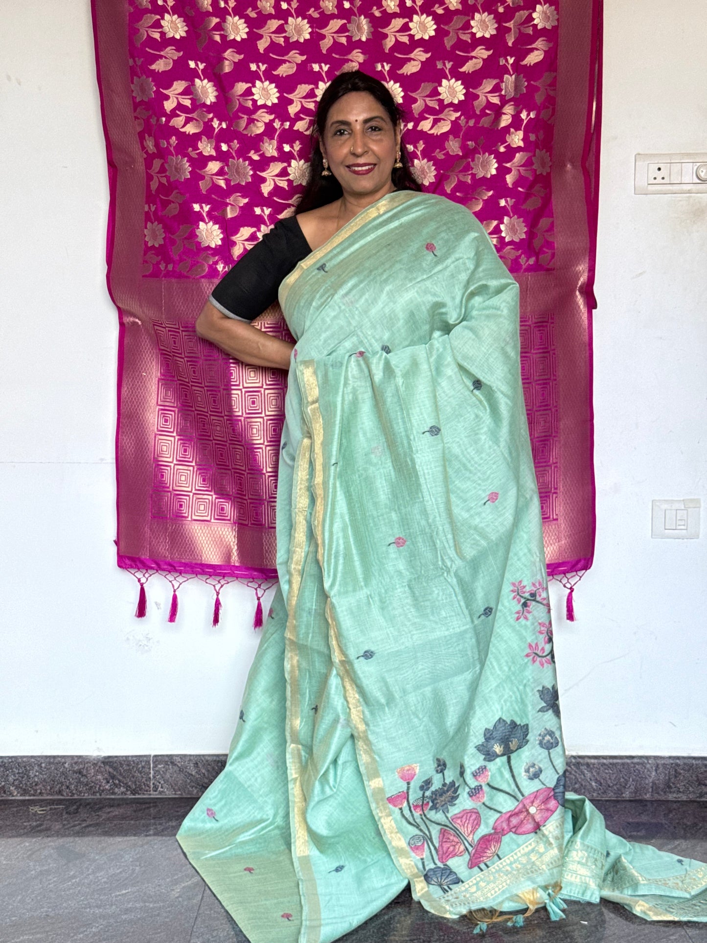 Pastel green semi matka saree