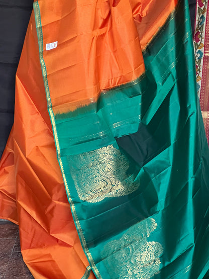 Orange & green light weight kanjivaram silk saree