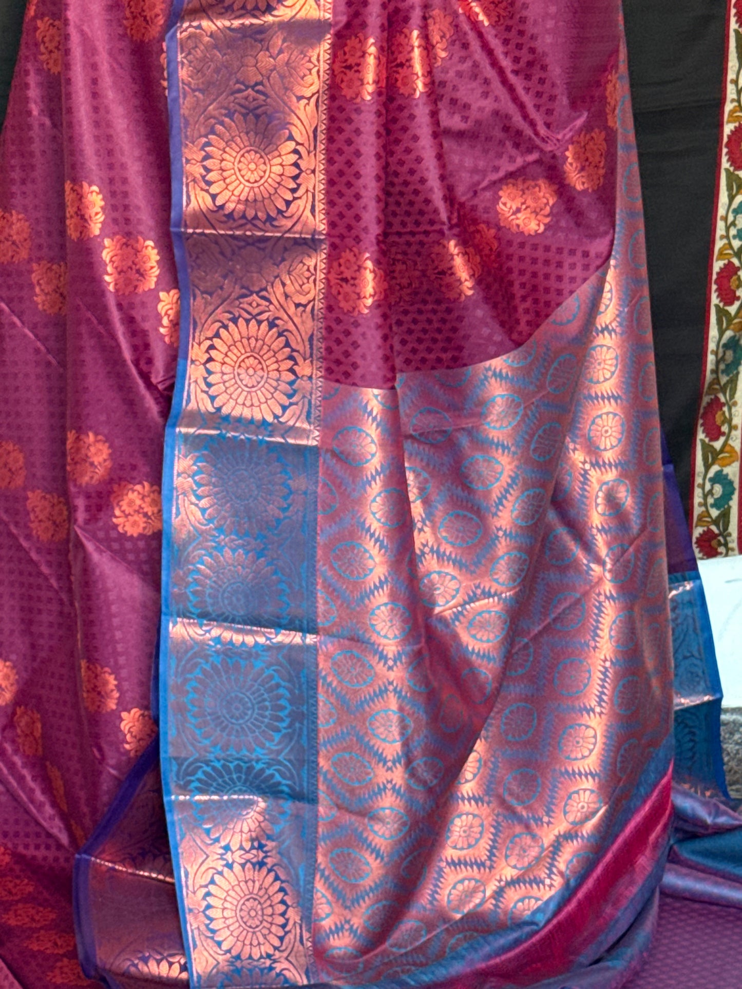 Maroon & navy blue semi silk saree