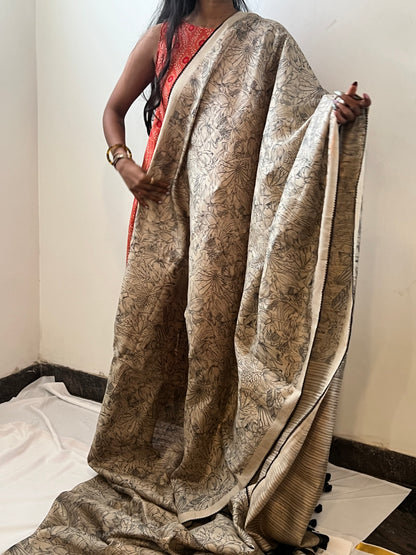 Beige & black Tussar silk saree