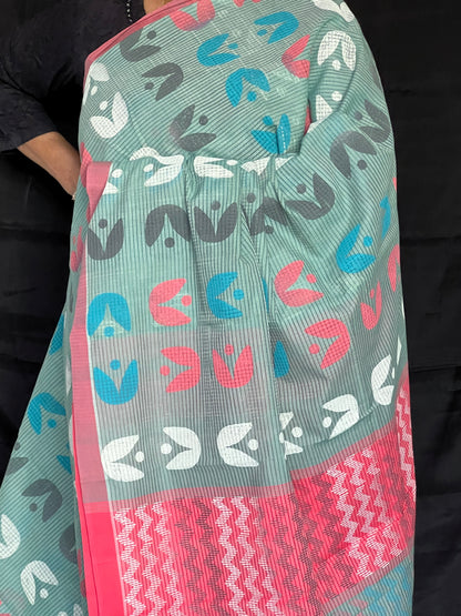 Teal mangalagiri block printed cotton saree