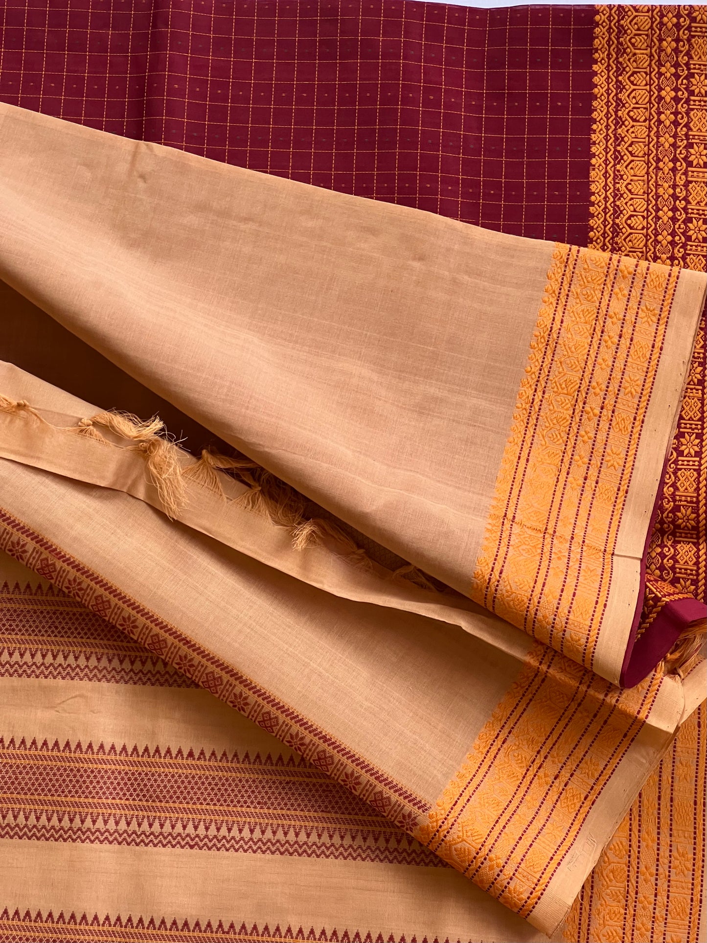 Checked maroon semi silk cotton saree