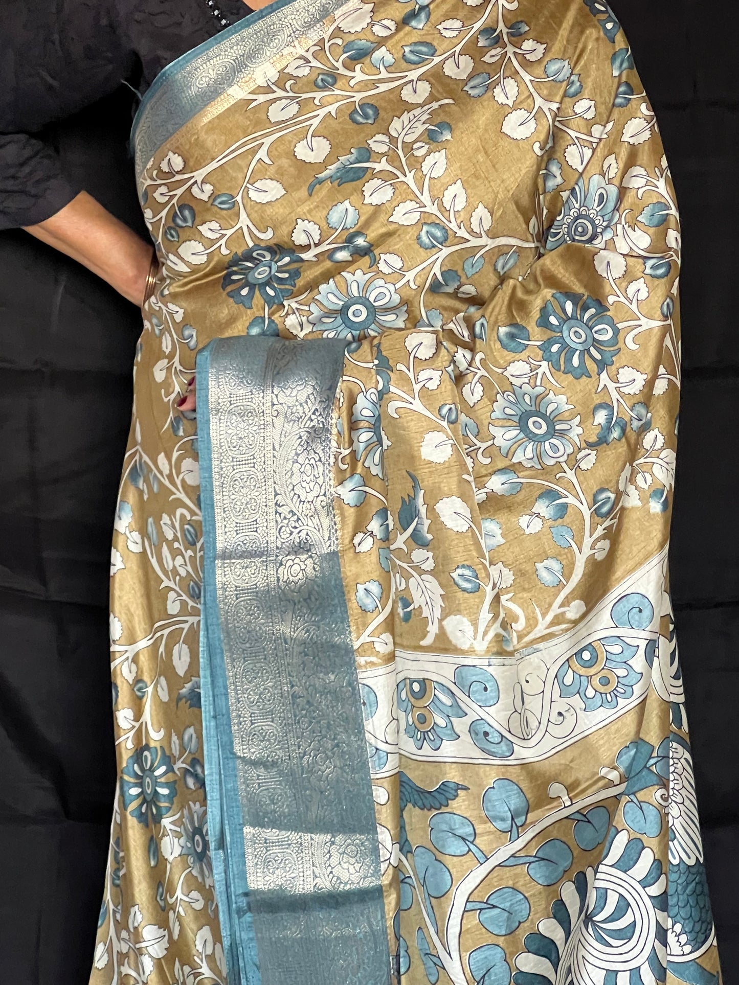 Olive green & blue semi Tussar silk saree