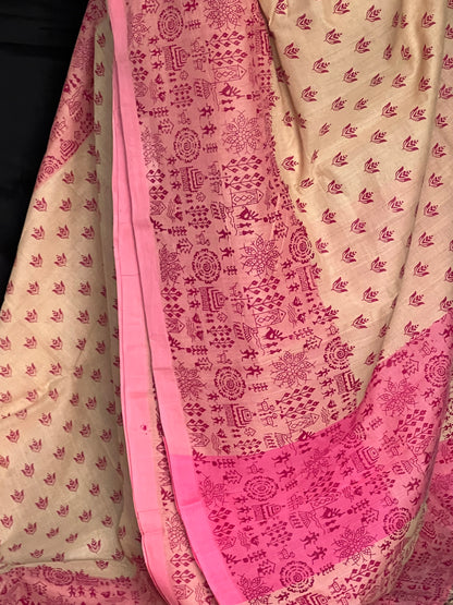 Beige & Pink mangalagiri printed cotton saree
