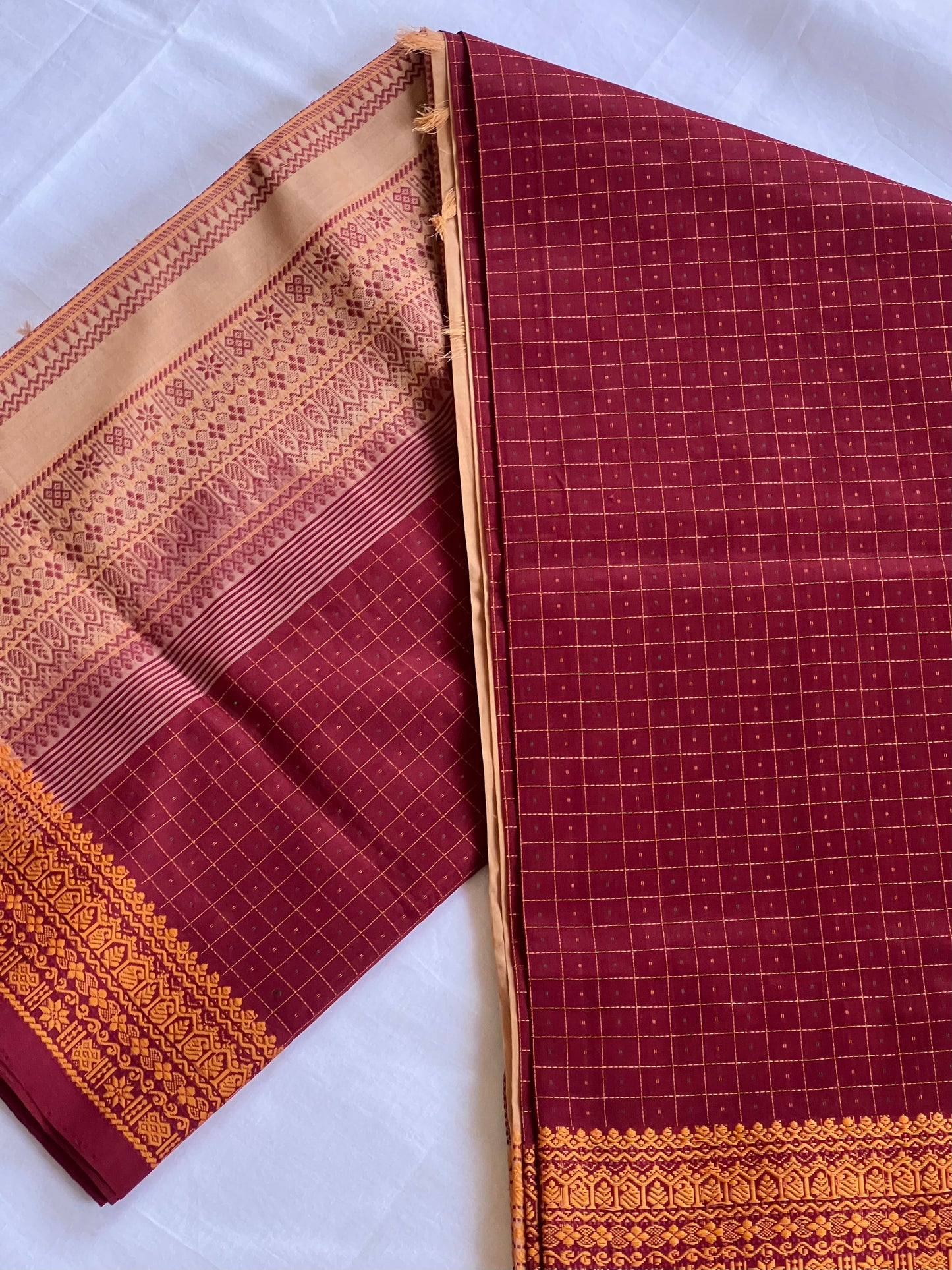 Checked maroon semi silk cotton saree