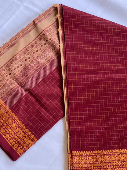 Checked maroon semi silk cotton saree