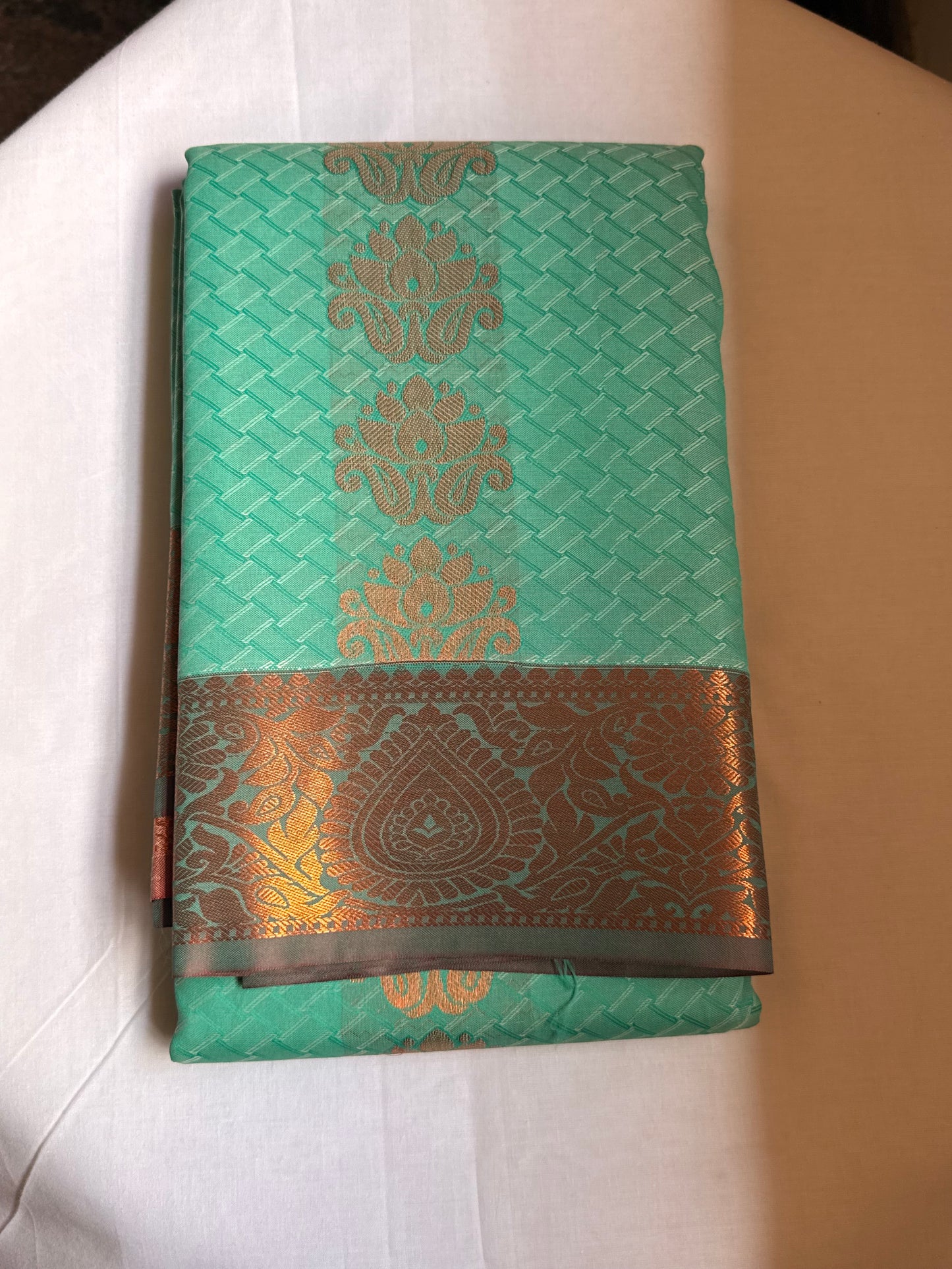 Teal blue & cream semi silk saree