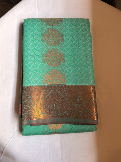 Teal blue & cream semi silk saree