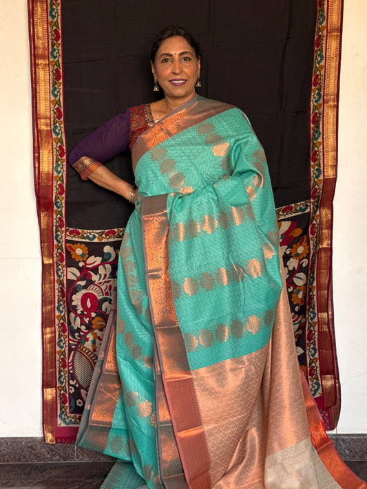 Teal blue & cream semi silk saree