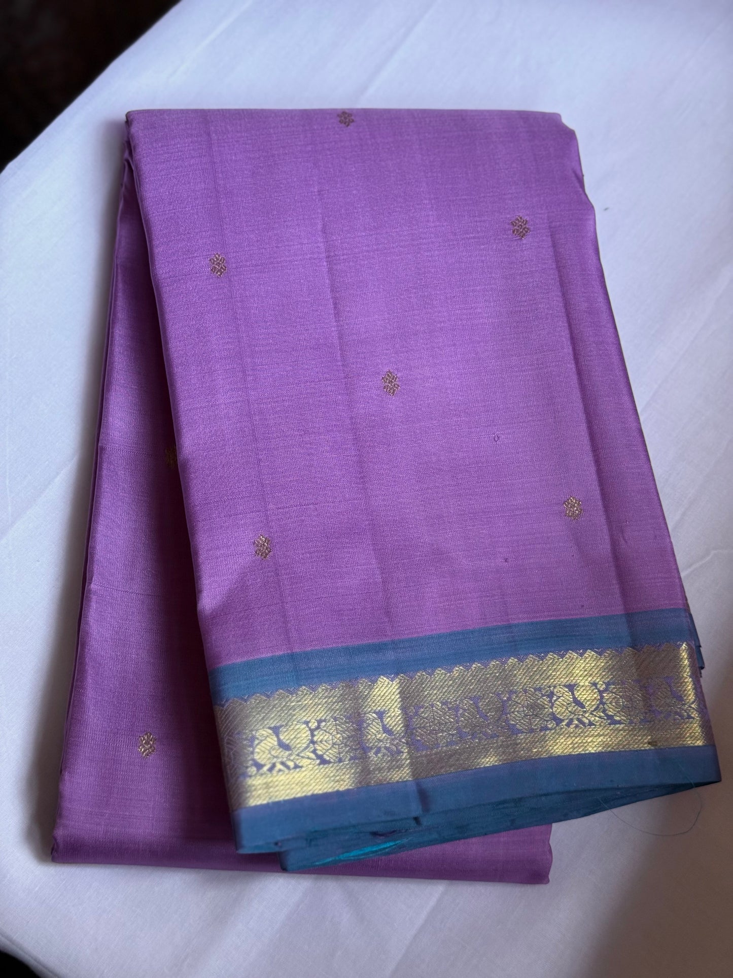 Lavender pure silk saree with blue border
