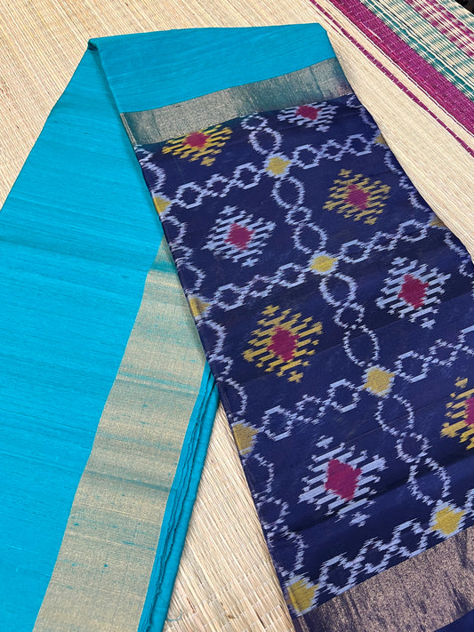 Turquoise blue raw silk saree
