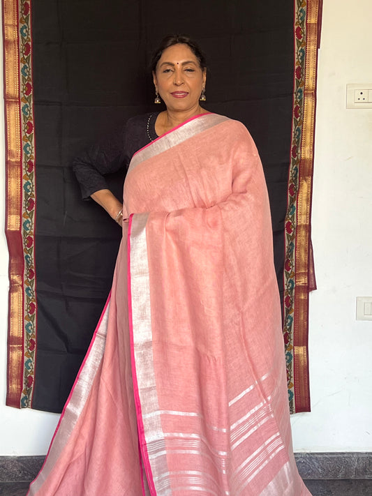 Baby pink linen cotton saree