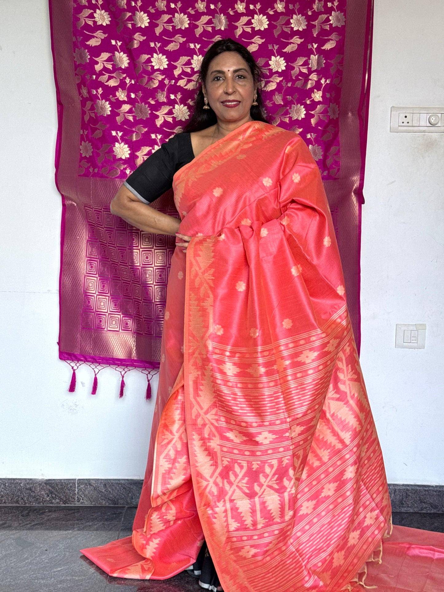 Soft orange & pink semi tussar saree
