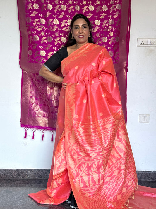 Soft orange & pink semi tussar saree