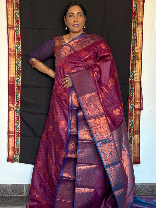 Maroon & navy blue semi silk saree